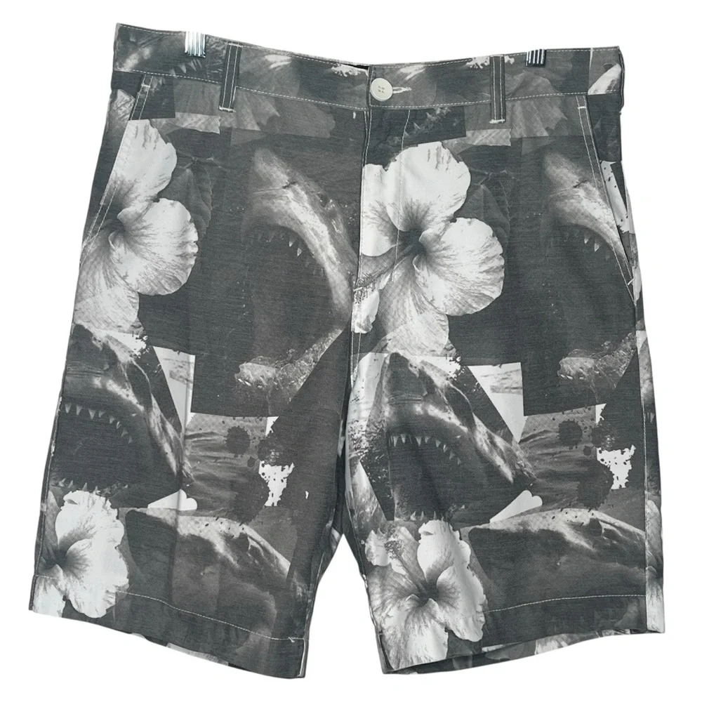Billabong Men’s Flat Front Shorts Size 34 Gray White Shark Floral Print Pockets